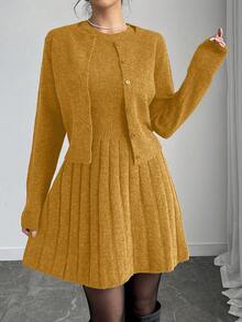 Elenzga 2pcs Women's Autumn Simple Solid Color Button Front Cardigan And Sweater Dress Set - Yellow - View 4