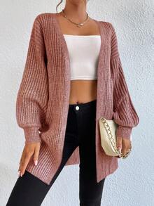 EURMUSE Ribbed Knit Drop Shoulder Open Front Cardigan - Pink - View 6