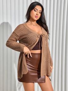 EURMUSE Plus Size Solid Color Hollow Out Knit Cardigan, Casual For Autumn - Mocha Brown - View 4