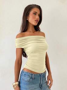 Aloruh 女式纯色褶皱露肩修身时尚T恤 - 杏色 - 查看 6