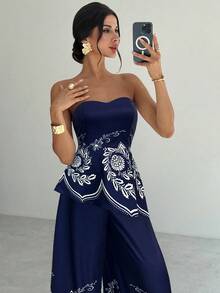 Firerie Bộ 2 món áo ống viền bất đối xứng và quần ống rộng cạp cao thanh lịch, lãng mạn, giản dị, dành cho nữ, mùa hè - Màu xanh hải quân - Xem 5