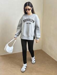 SHEIN 一套少女时尚休闲布鲁克林纽约字母印花宽松短款卫衣和紧身打底裤套装，棕色，秋冬季 - 灰色 - 查看 5