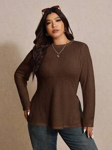 Elaquor Plus Size Women's Solid Color Round Neck Casual Side Slit Long Sleeve T-Shirt Brown - Coffee Brown - View 1