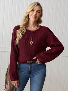 LanaWest Sweater Rajut Longgar Bergaris Kasual Wanita Warna Polos dengan Bahu Jatuh, Warna Abu-abu - Burgundy - View 5