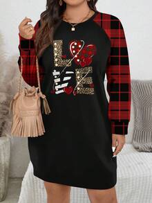 EMERY ROSE Christmas Textured Red Plaid Love Letter Print Casual Minimalist Plus Size Sweatshirt, Autumn/Winter/Valentine's Day - Multicolor - View 5
