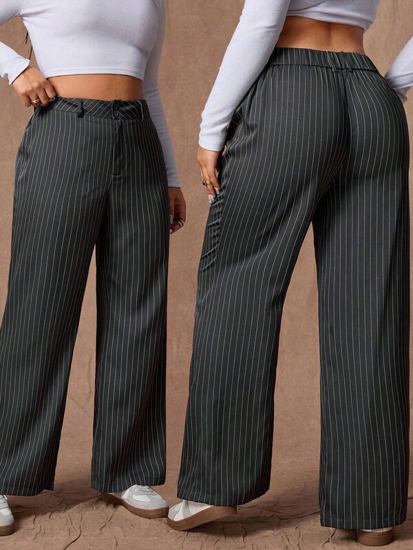 Rustia Plus Size High Waist Casual Loose Striped Pants, Versatile Women Autumn
