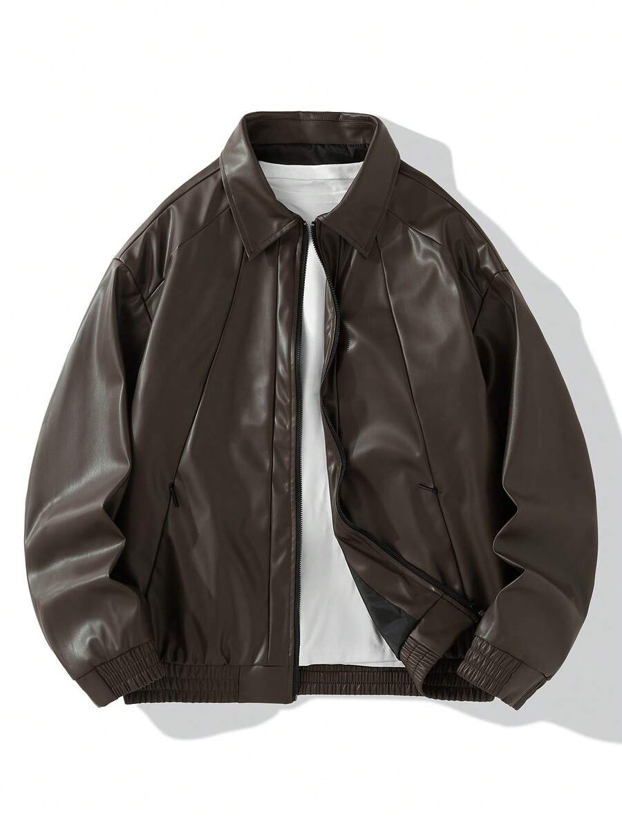 Chillumni 男士休闲PU拉链长袖外套，秋冬款 - 軍綠色 - 查看 1