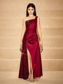 Váy dạ hội thanh lịch cho bé gái tuổi teen, váy phù dâu cho đám cưới, váy midi không tay lấp lánh màu đỏ tía cho lễ Halloween, Giáng sinh, những dịp trang trọng, váy công chúa bồng bềnh hở gấu thời trang cho bé gái khi trở lại trường - Màu Đỏ Sâu - Xem 3