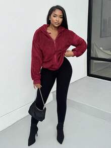 Alexandranx Women's Solid Color Fluffy Hooded Sweatshirt Sweatshirt, Warm Thick Fleece Hoodies For Ladies, Autumn/Winter , Fall,Long Sleeve Tops Graduation,Back To School Outfits,Graduation,Teacher Outfits For Women,Back To School - Burgundy - View 3