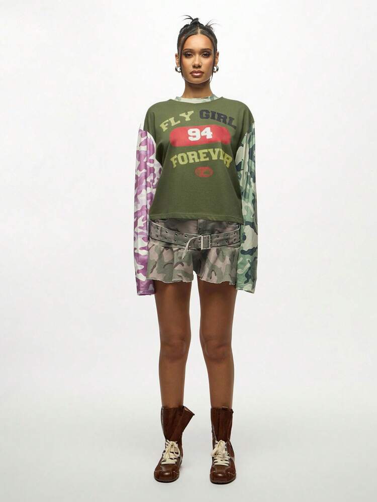SUMWON WOMEN Fly Girl Forever 94 Camo Long Sleeve Graphic T Shirt Ruffled Raw Hem Rugged Military Inspired Street Style Casual Autumn Winter Top