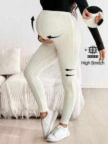 SHEIN Maternity Casual Solid Color Textured Leggings  Winter Clothes For Women  White Pants  White - Beige - View 1