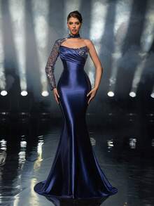 Glamrae Elegante y glamoroso vestido de noche formal para mujer con cuello mao, mangas asimétricas, plisado y dobladillo de cola de pez, confeccionado en satén elástico con bordados y lentejuelas - Azul - Ver 6