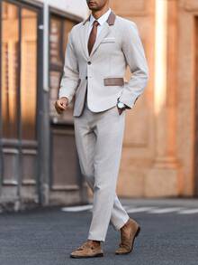 Calvornis Men's Beige Summer Suits,Formal Blazer And Pants Set For Wedding,Graduation & Semi-Formal Occasions,Contrast Color Long Sleeve Top,Cream Daily Suit - Khaki - View 5