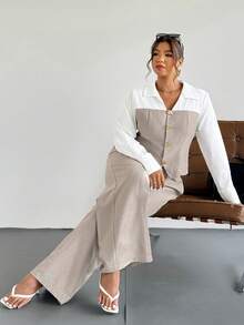 Firerie 加大码杏色仿亚麻拼布衬衫和宽松直筒西装裤两件套，休闲优雅，适合通勤、教学、返校、商务休闲办公穿着 - 彩色 - 查看 4