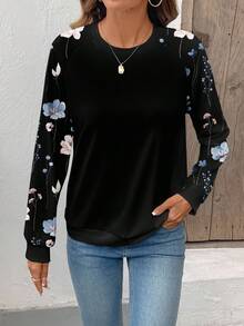 Casual Minimalist Raglan Sleeve Ditsy Floral Women Sports Sweatshirt, Suitable For Autumn/Winter,Casual - White - View 4