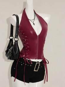 SHEIN ICON 红色 Y2K V 领 PU 皮革外出演唱会女式演唱会黑色哥特性感索环纯色时尚侧交叉带露背背心，夏季 - 酒紅色 - 查看 6
