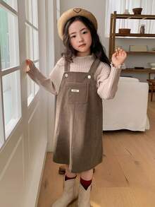 DAZY Váy nhung kẻ sọc dáng rộng, phong cách thường ngày, đi học, mặc nhà cho bé gái, mùa thu/đông - màu nâu - Xem 6