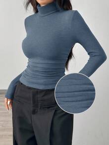 SHEIN EZwear 女式休闲日常通勤简约纯色高领长袖紧身T恤，秋冬 - 霧霾藍 - 查看 6