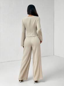 SHEIN PETITE 女款優雅秋季卡其色辦公兩件套，純色圓領單排扣夾克與長褲套裝，商務休閒正式通勤穿著，適合嬌小女性 - 卡其色 - 查看 2