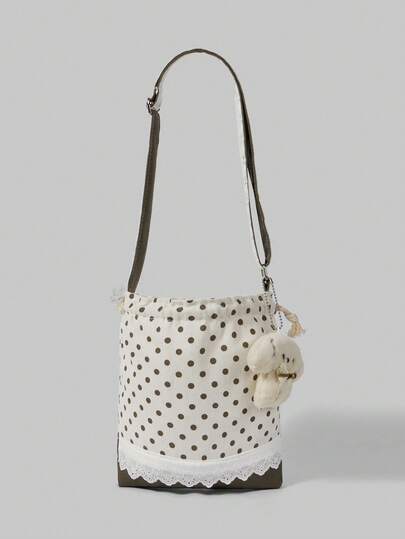 Goth Borsa a tracolla vintage marrone con pois, pizzo e patchwork, con ciondolo a forma di cane, versatile per vacanze, feste e shopping