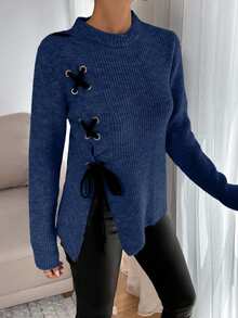 SHEIN Tall Tall Casual Contrast Color Cross Cord Placement Rib Knit Sweater With Slit - Blue - View 4
