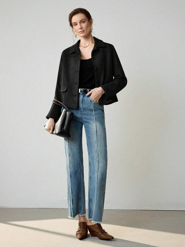 Uhlyne 女式复古经典硬币设计优雅休闲西装外套，配有仿口袋和纽扣，简约通勤夹克 - 黑色 - 查看 5