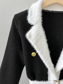 Franclia 女士秋冬优雅时尚翻领黑白长袖通勤正式金属扣假口袋开衫，适合秋冬季、新年、感恩节、派对、婚礼等场合，优雅休闲。 - 黑與白 - 查看 4