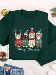 INAWLY 女式圣诞猫印花圆领套头衫 - 墨綠色 - 查看 3