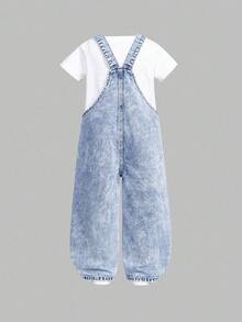 SHEIN ChillGRL 女童新款花卉、心形、彩虹涂鸦时尚休闲舒适柔软牛仔连体裤