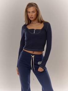 MUSERA Top de manga larga ajustado con detalles de botones y costuras de contraste, cómodo y casual para otoño, verano y primavera - Azul Marino - Ver 5