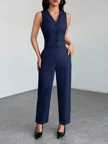 SHEIN PETITE 休闲无袖开衫背心和裤子两件套女士办公室服装秋冬商务女性服装