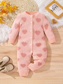 SHEIN Baby Girl Heart Pattern Long Sleeve Single-Breasted Knitted Jumpsuit, Autumn/Winter