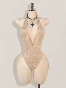 SHEIN ICON Rhinestone Embellished Deep V-Neck Halter High Slit Backless Bodysuit For Women - Khaki - View 3