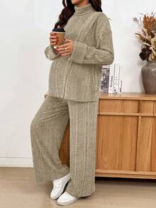 SHEIN 2件套孕妇休闲高领长袖上衣和裤子套装，秋季 - 杏色 - 查看 7