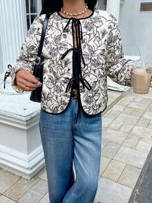 Serisse 2025秋冬法式休闲女装印花系带绗缝外套，秋季外出外套，花卉刺绣绗缝外套，绗缝长袖外套，加绒保暖背心外套，开领短款绗缝外套，时尚办公室装扮，女士冬季外套，通勤装，简约时尚，复古风，适合日常穿着，秋季，感恩节，新年上衣，休闲上衣，秋季上衣，适合派对、万圣节、圣诞节、节日活动等场合的外套 - 彩色 - 查看 7