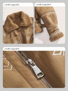 Anewsta 女士时尚刺绣PU复合毛皮夹克，秋冬 - 卡其色 - 查看 5