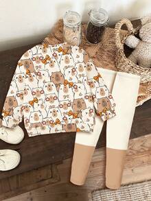 SHEIN Happikins 2pcs/Set Young Girl Casual Cute All-Over Print Drop Shoulder Loose Crew Neck Long Sleeve Sweatshirt And Contrast Color Leggings, Autumn/Winter