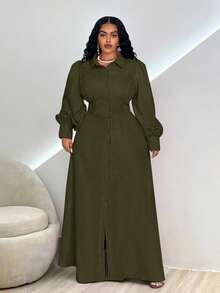 Veslaya 優雅軍綠色女款大尺碼 Najma 秋季洋裝，燈籠袖長版生日禮服，橄欖綠秋冬新款服飾 - 軍綠色 - 查看 4
