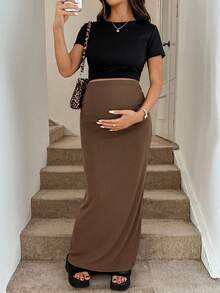 SHEIN 优雅孕妇高腰半身裙，纯色 - 駝色 - 查看 5
