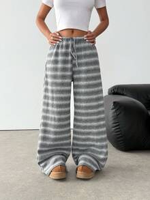 SHEIN Quần ống rộng dáng rộng in họa tiết sọc, có dây rút, túi bên hông, thoải mái khi đi làm hàng ngày cho bé gái tuổi teen - Xám - Xem 5