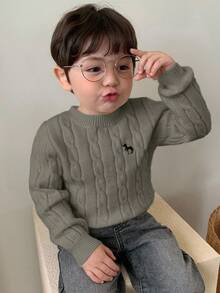 DAZY 幼儿男童圆领麻花针织扭纹卡通刺绣纯色毛衣 - 卡其色 - 查看 3