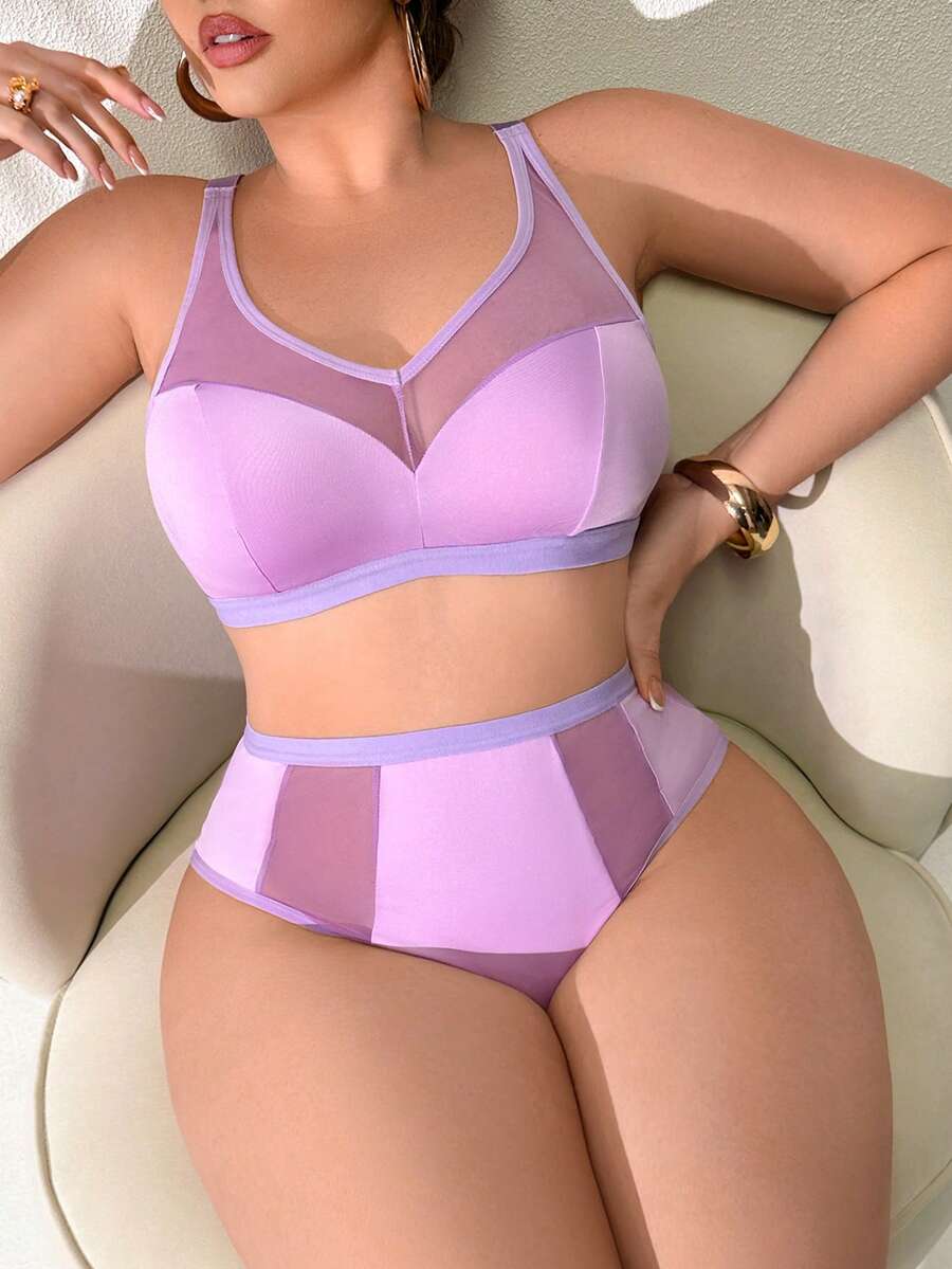 SHEIN Bộ 2 áo ngực và quần lót không dây cỡ lớn mềm mại tối giản mặc hàng ngày, màu hoa oải hương - Màu tím - Xem 1