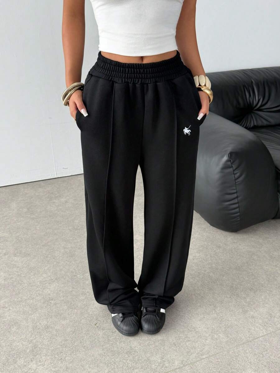 SHEIN Teen Girl Embroidered Loose Fit Casual Long Sweatpants Pants Cute Black Baggy Pants Black Sweat Pants Black Sweatpants Loose Pants - Black - View 1