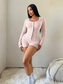 SHEIN SXY Women's U-Neck Front Button Khaki Bodysuit With Long Sleeves,Fall ,Winter, - Khaki - View 3