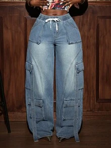 Slaydiva 女式休闲做旧抽绳腰部多口袋宽松牛仔裤，秋季 - 藍色 - 查看 1