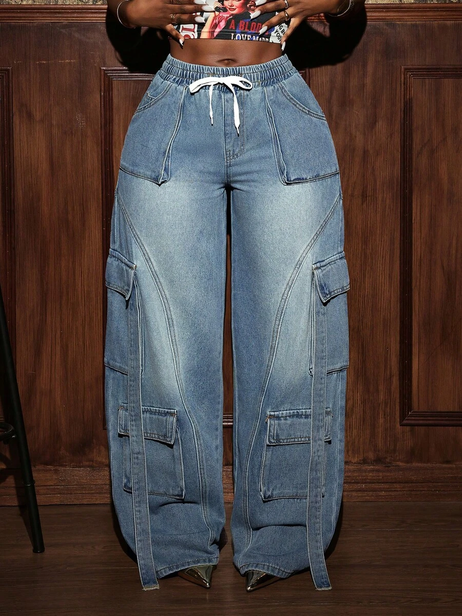 Slaydiva 女式休闲做旧抽绳腰部多口袋宽松牛仔裤，秋季 - 藍色 - 查看 1