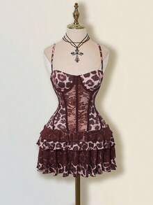 SHEIN ICON Women Brown Leopard Print Bustier Crop Top & Layered Lace Ruffle Mini Dress,Elegant Dresses For Party