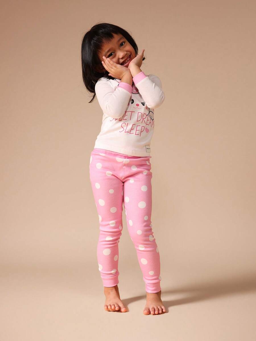 SUMWON Girls Polka Dot Dream Sleep Pajama Set Long Sleeve Top With Matching Leggings For Casual And Vacation - Pink - View 1