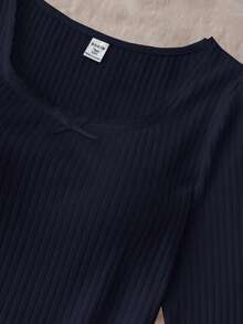 SHEIN 少女百搭休闲纯白针织圆领宽松长袖蕾丝蝴蝶结T恤上衣，返校季可爱长袖上衣，紧身款上衣，方领上衣，黑色长袖上衣 - 藏蓝色 - 查看 4