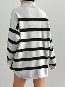 EURMUSE Striped Pattern Turtleneck Sweater With Drop Shoulder - Black and White - View 2